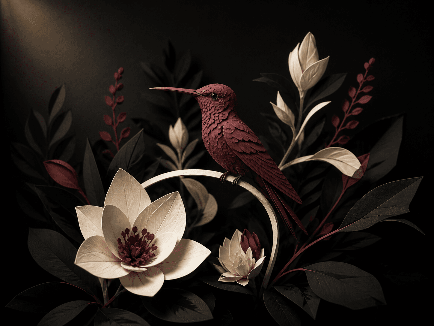 Source: one burgundy paper hummingbird perched among ivory paper flowers