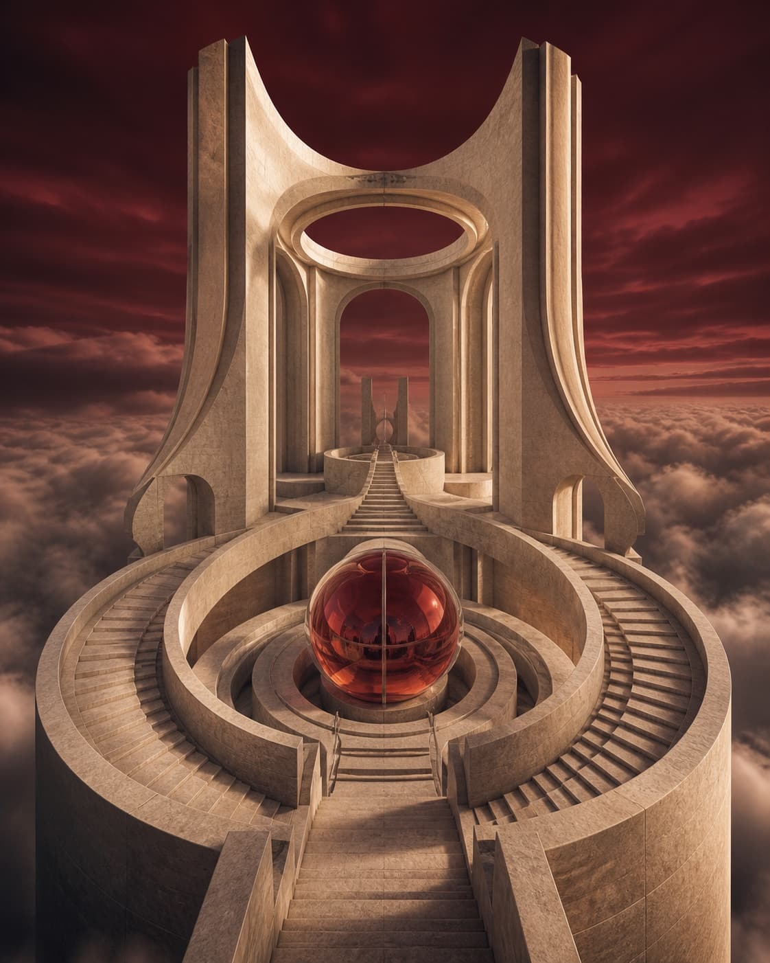 A pale stone observatory with circular stairs around a crimson glass sphere