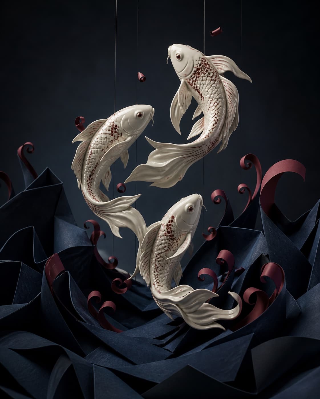 Source reference: Three ivory porcelain koi rising through midnight paper waves
