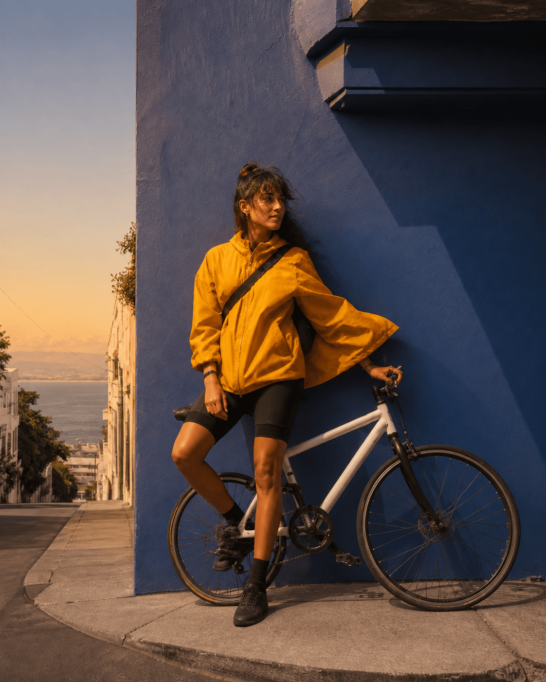 Edited illustration: the fictional courier and bicycle lit by warm evening light