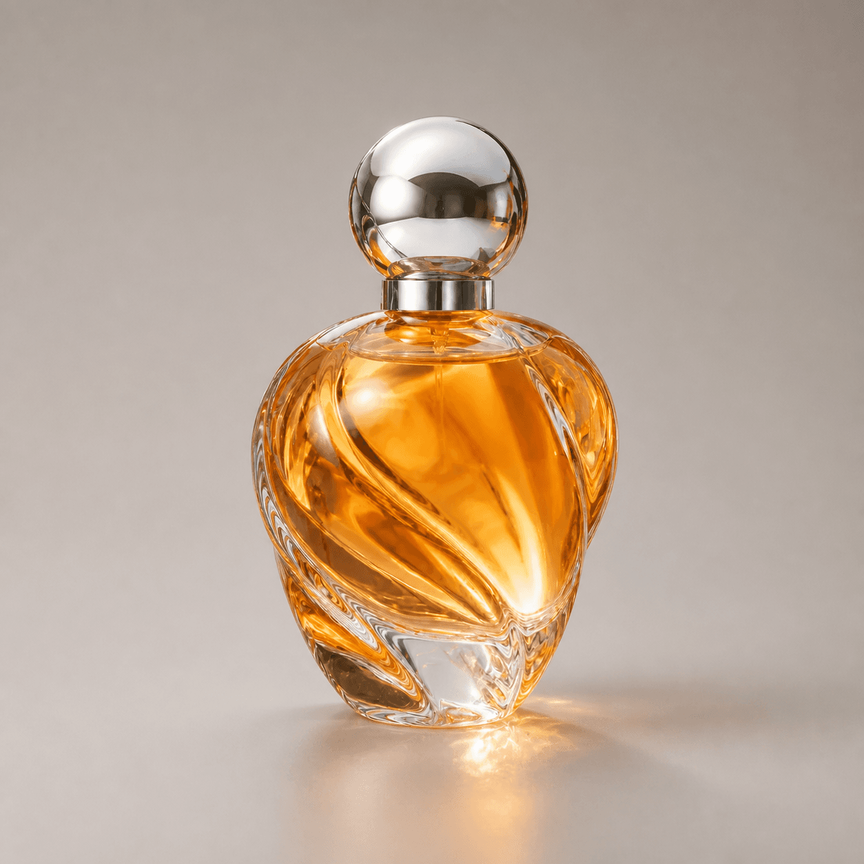 Edited illustration: an unbranded orange glass bottle on a warm-gray studio background