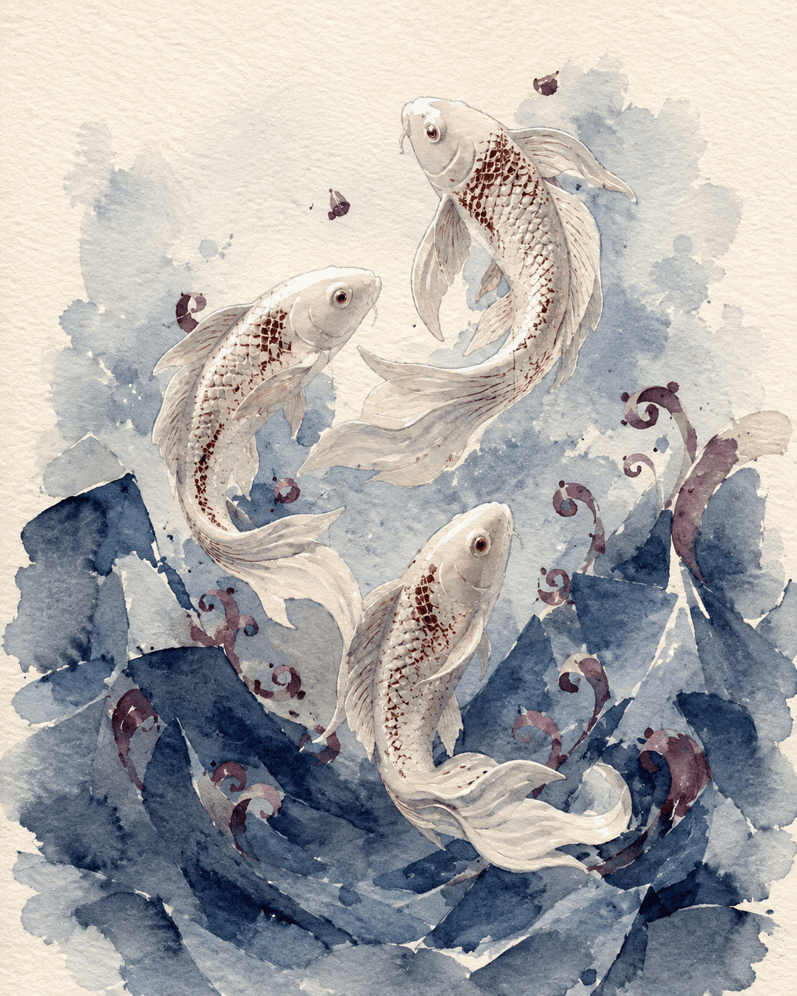 Edited illustration: three koi reinterpreted in blue and burgundy watercolor on ivory paper