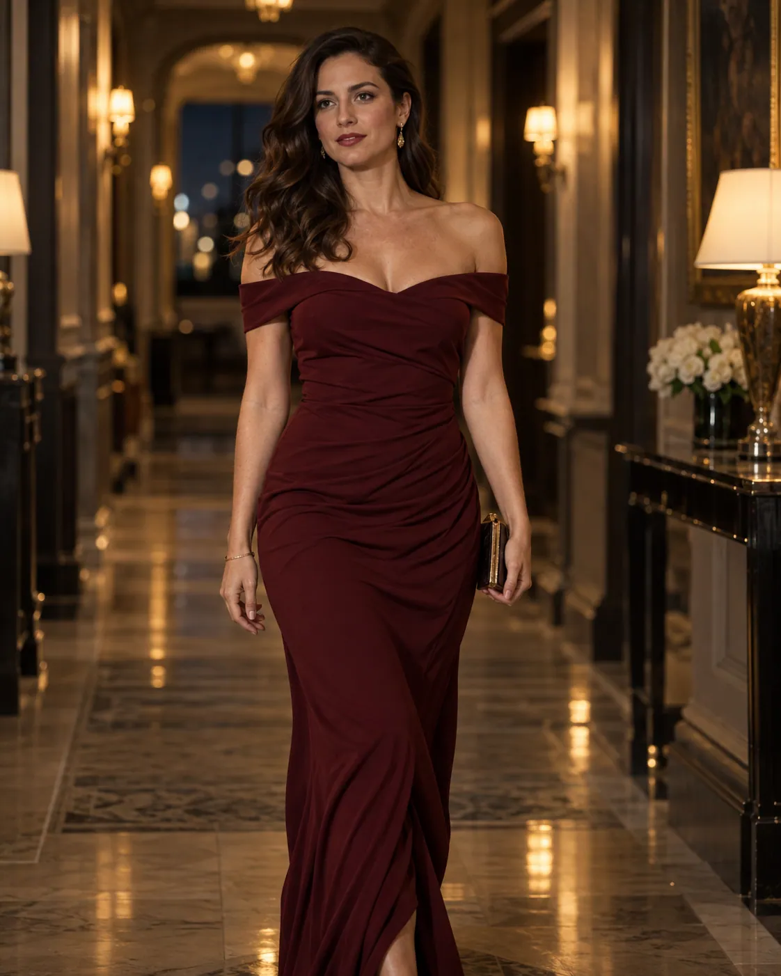 Fictional adult woman in a burgundy gown in a hotel hallway