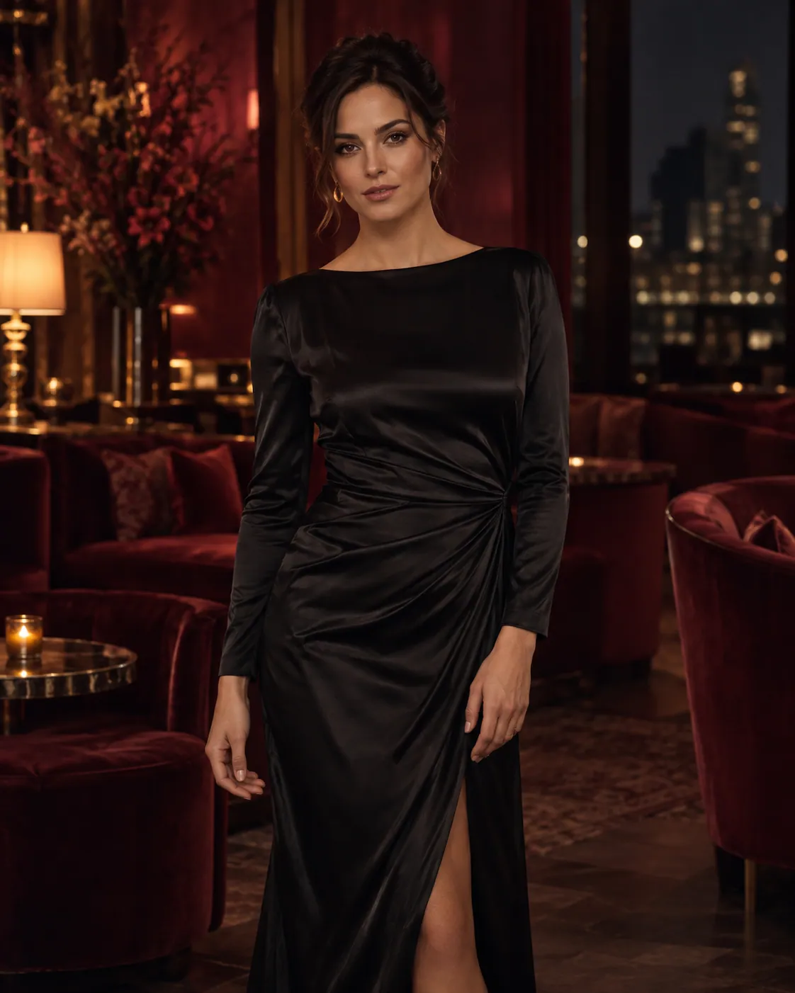 Fictional adult woman in a black satin gown in a burgundy hotel lounge