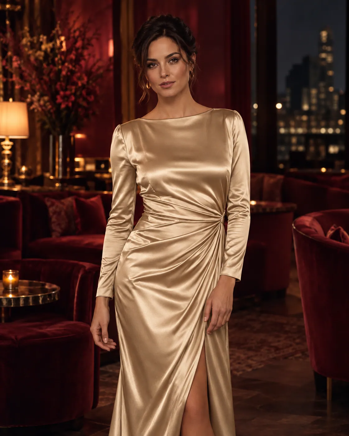 Fictional adult woman in a champagne gown in a burgundy hotel lounge