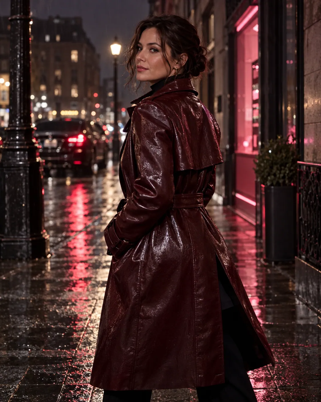 Fictional adult woman in a burgundy leather coat on a rainy city street