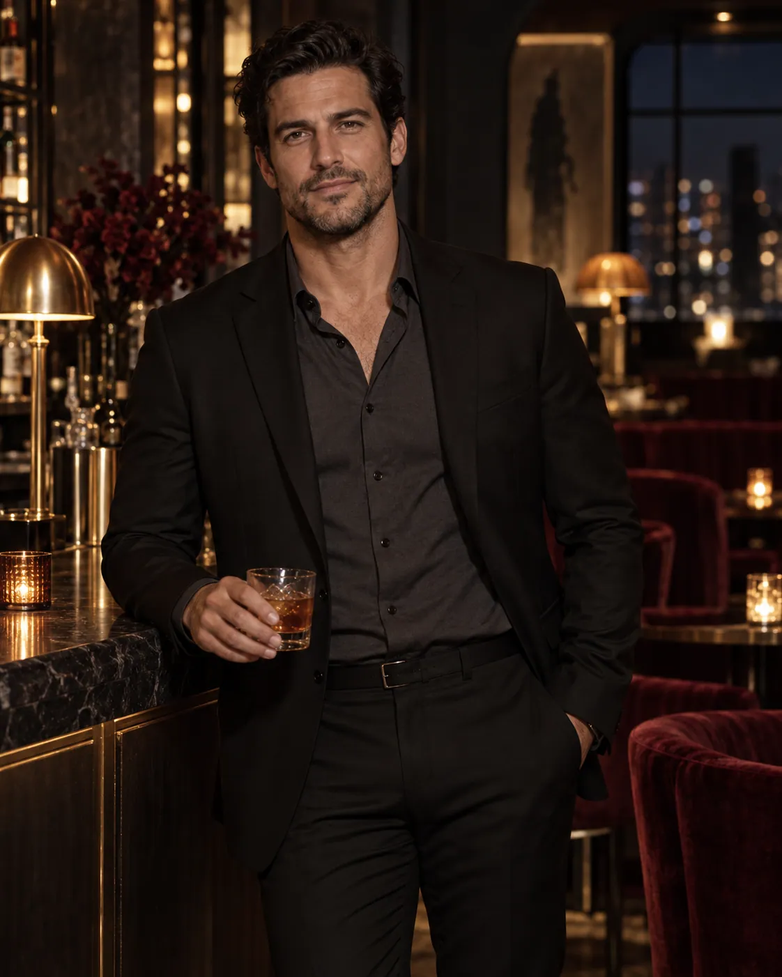 Fictional adult man in a black suit at a dim cocktail bar