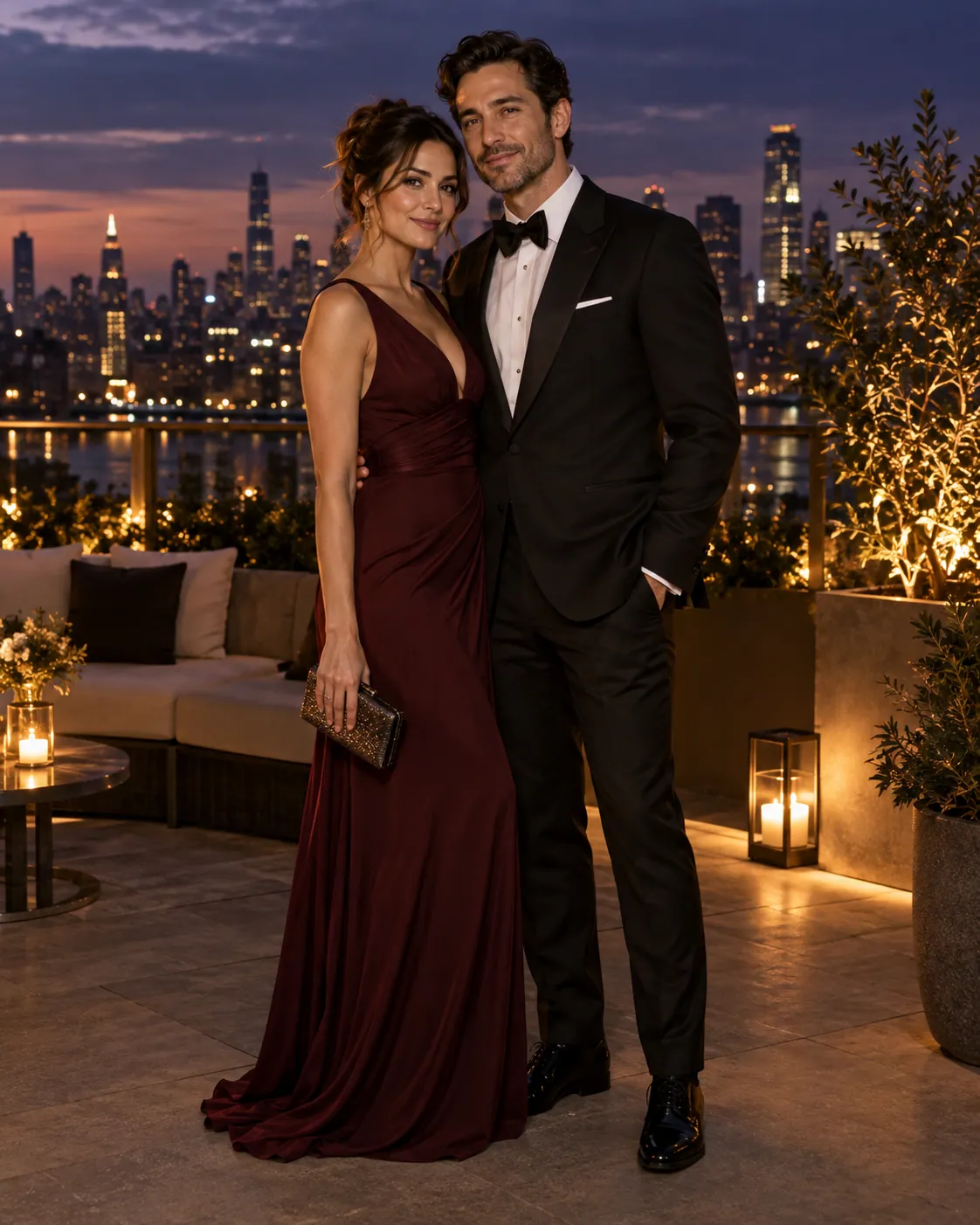 Two fictional adults in eveningwear on a city rooftop at dusk