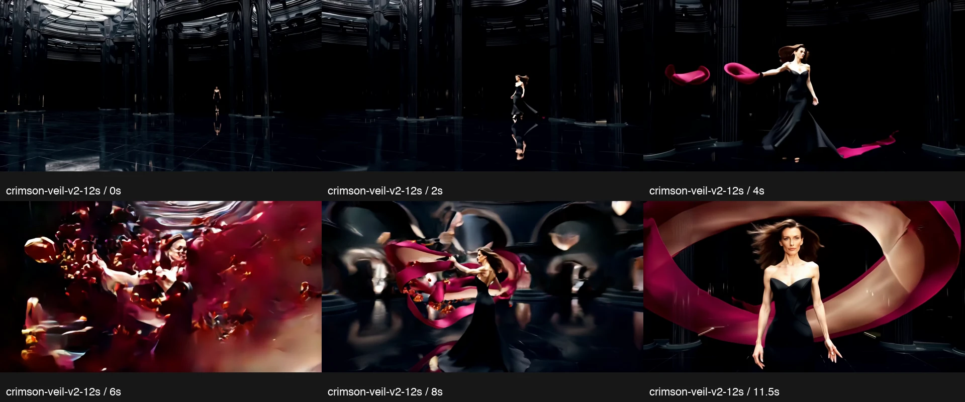 Six frames at 0, 2, 4, 6, 8, and 11.5 seconds: a fictional adult woman approaches, turns amid ribbons, is obscured by foreground effects, then appears in a clear frontal view.
