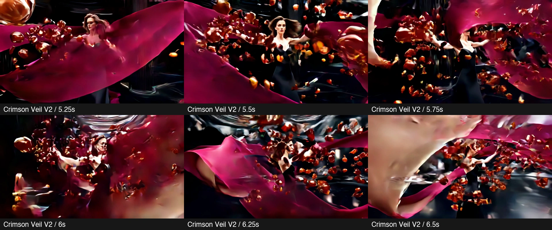Six frames from 5.25 to 6.5 seconds showing ribbons and fragments overlapping a fictional adult character's face
